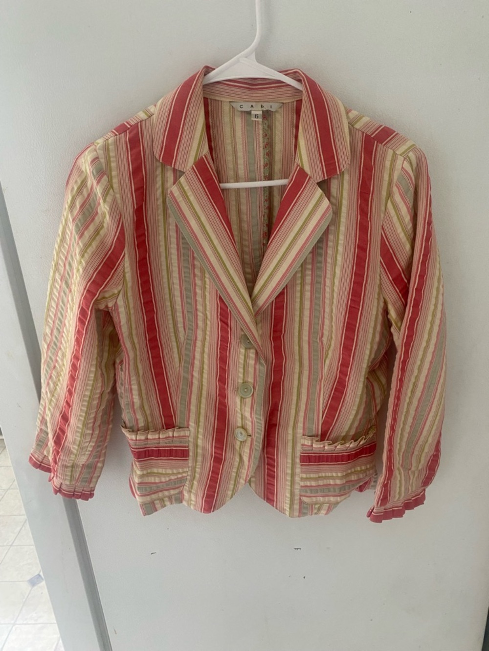 CAbi Striped Cotton Blazer Jacket in Coral and Cream
